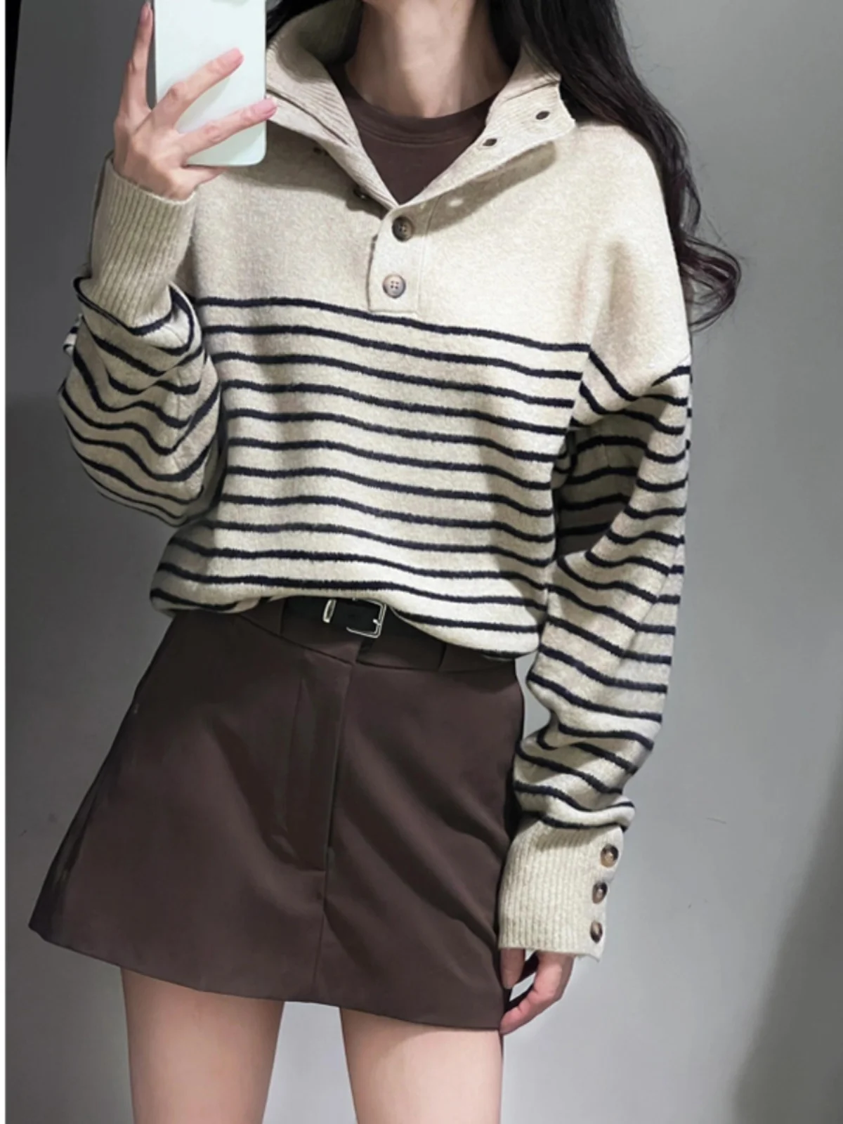 

Autumn Winter High Collar Knitted Sweater Women's Sle Sweet Loose Fit Long Sve Thermal Thiened Striped Tawny Lazy Faion