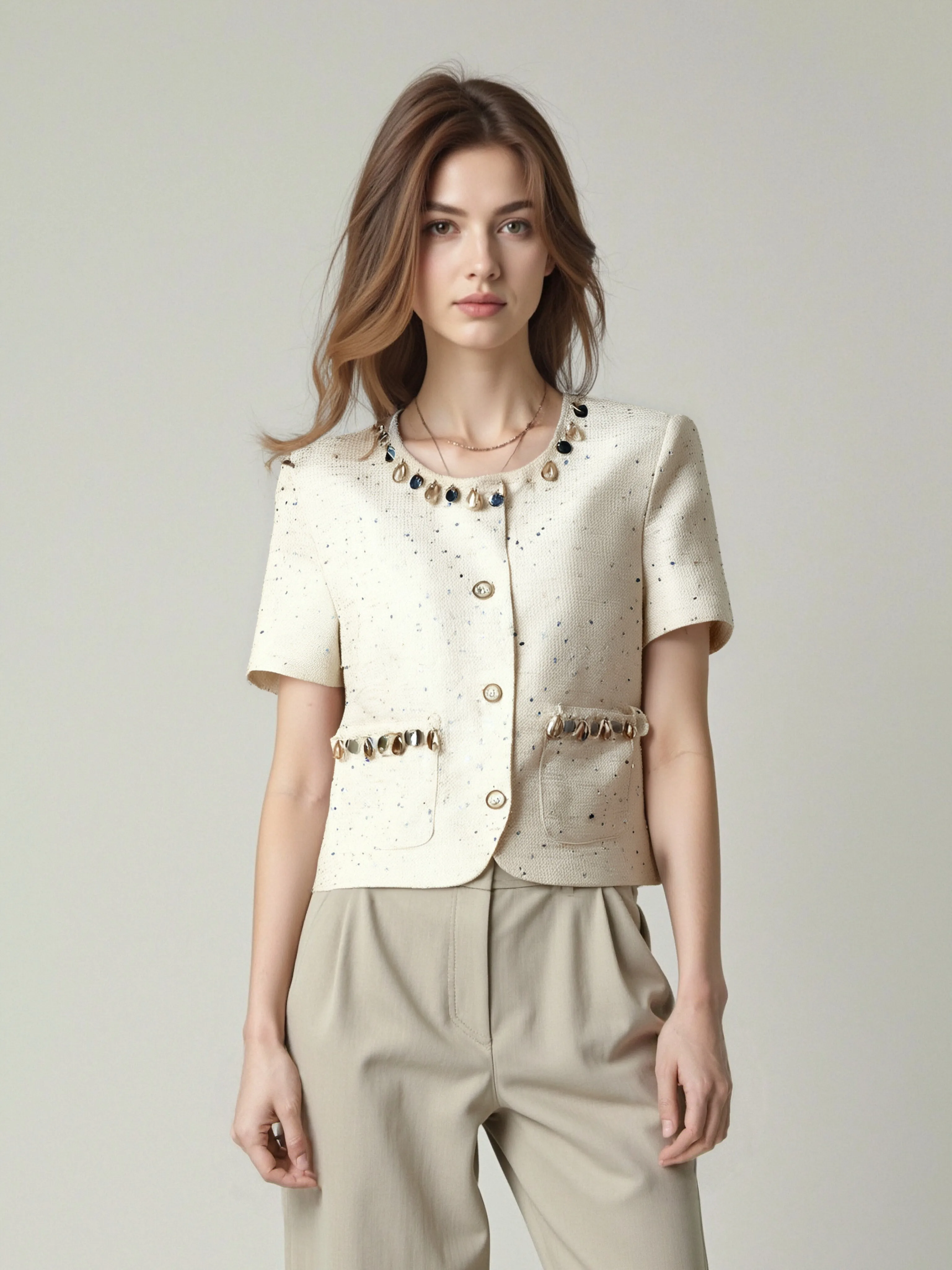 

Exquisite and elegant heavy industry sequin ribbon small fragrant style short sleeved jacket fashionable top