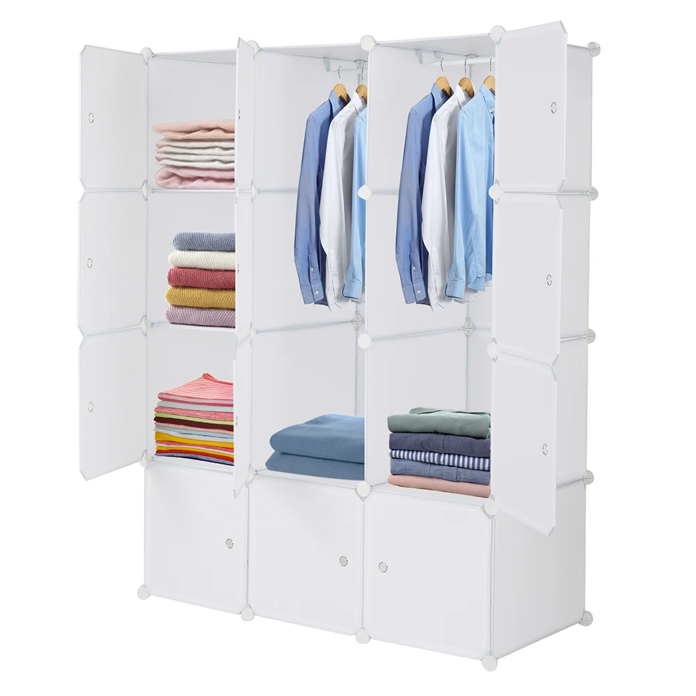 

12 Cube Organizer Stackable Plastic Cube Storage Shelves Design Multifunctional Modular Closet Cabinet with Hanging Rod White