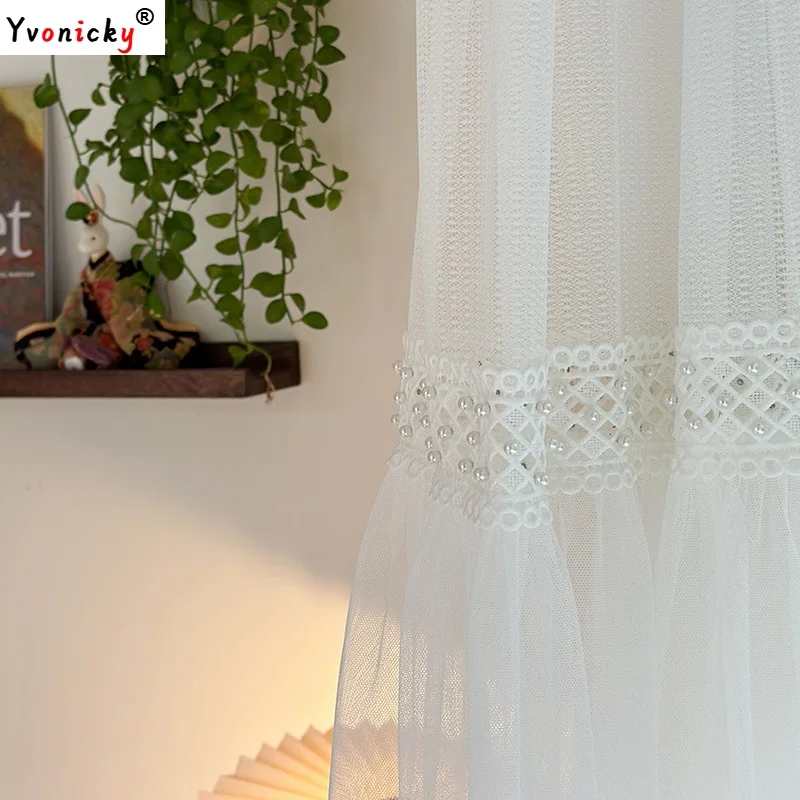 Fashion Brand Solid White Princess Semi-blackout Curtains with Lace Skirt Korean Pearls Guaze Window Drapes for Girls Bedroom