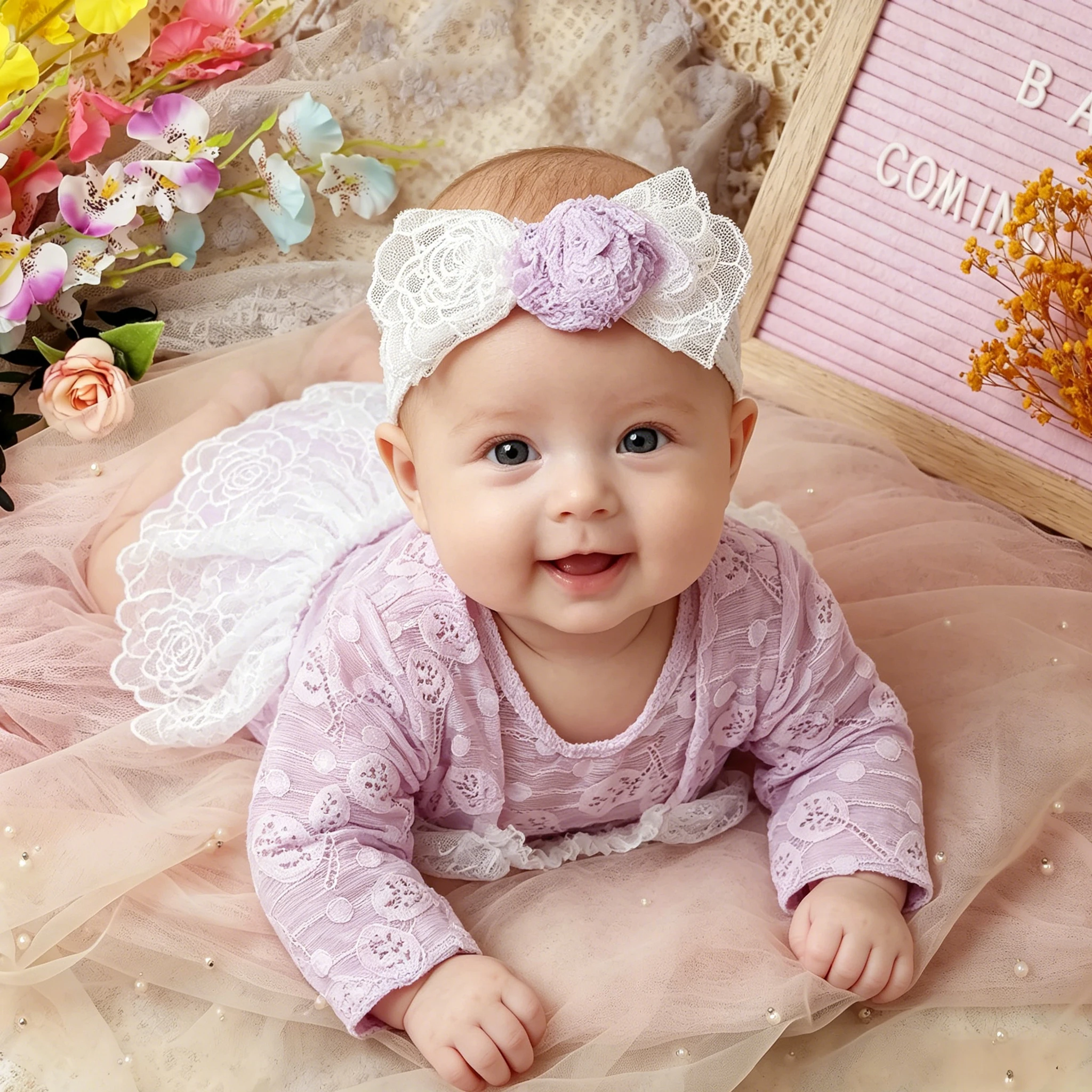 Ylsteed 2 Pieces Set Lilac Newborn Rose Lace Romper Bow Headband Baby Girl Photography Coming Home Outfit