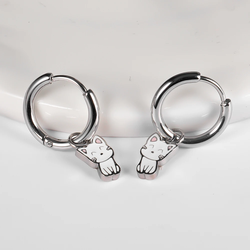 1 Pair of Stainless Steel Plain Ring Earrings With Cartoon Cute Cat Pendant Earrings and Earrings