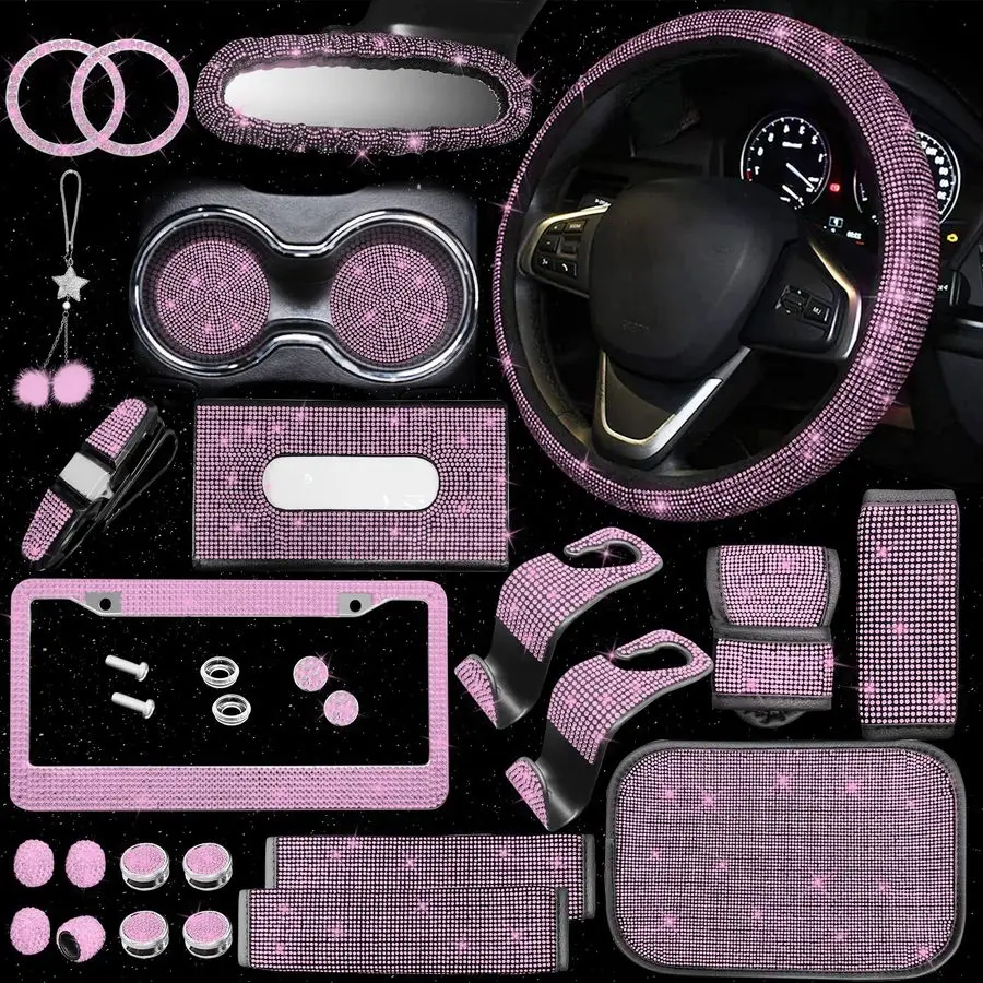

Bling Car Car Accessories Set,15 Inch Steering Wheel Cover,Shiny License Plate Frame,Center Console Cover and Rearview Mirror Se
