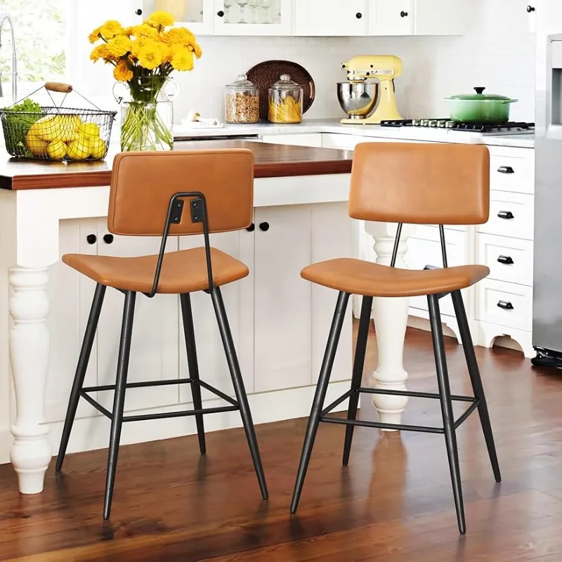 

24.5" Counter Height Bar Stools Set of 2, Whiskey Brown Faux Leather Upholstered Barstools with Back Footrest and Metal Legs