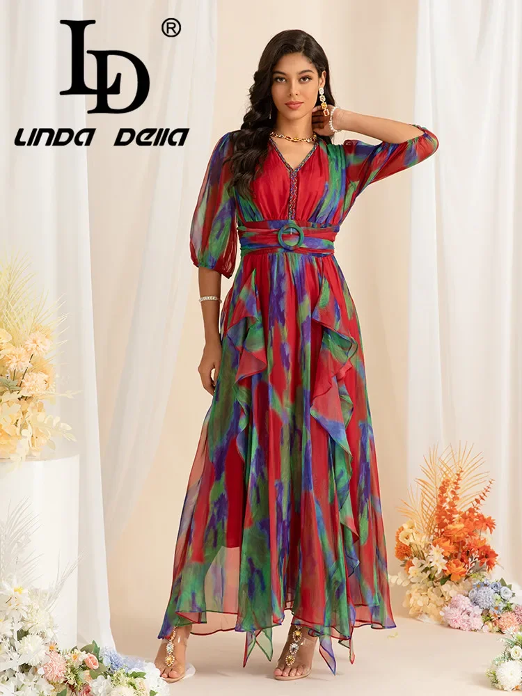 LD LINDA DELL Sexy V-neck Short Sleeve Striped Print Big Swing Princess Style Europe and the United States Woman Long Dress