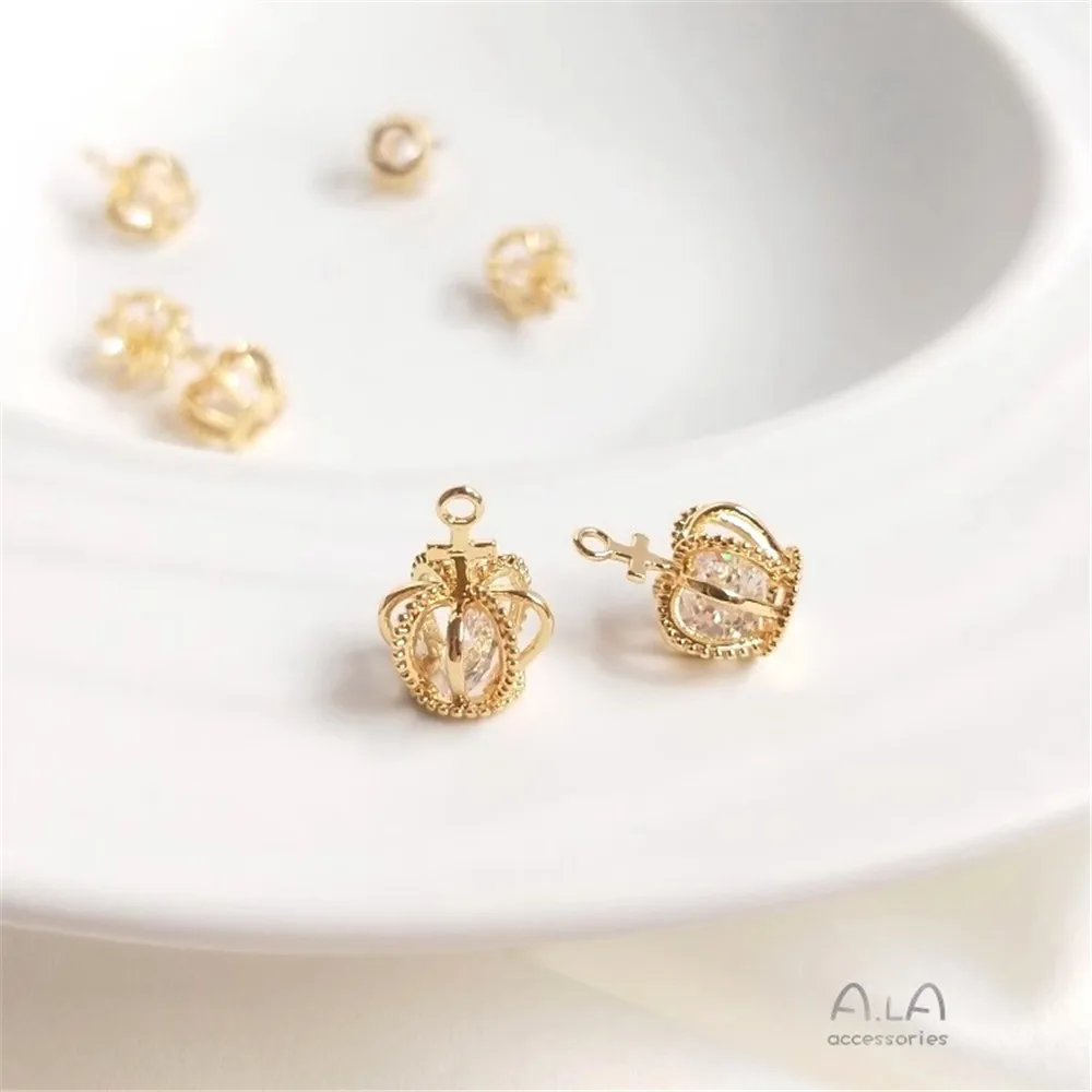 

14k Gold Copper-plated Real Gold Crown Zircon Smart Pendant Diy Handmade Color Preservation Accessories Earrings Bracelet Pendan
