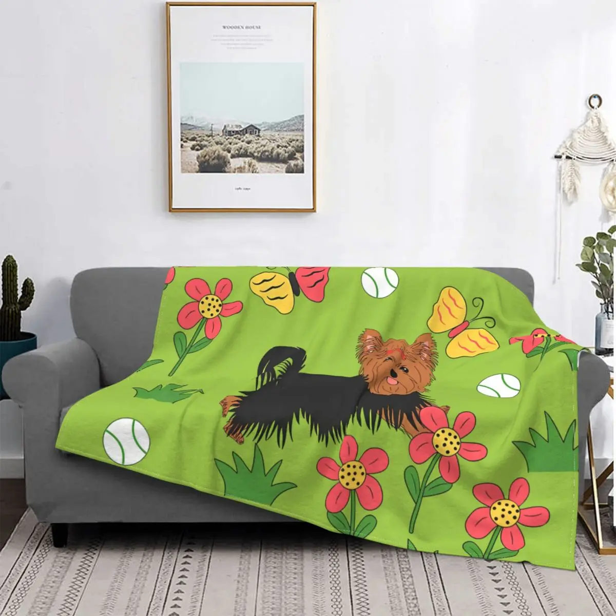 Yorkshire Cartoon Blanket Velvet Autumn/Winter Terrier And Flowers Cute Super Warm Throw Blankets For Car Couch Bedding Throws