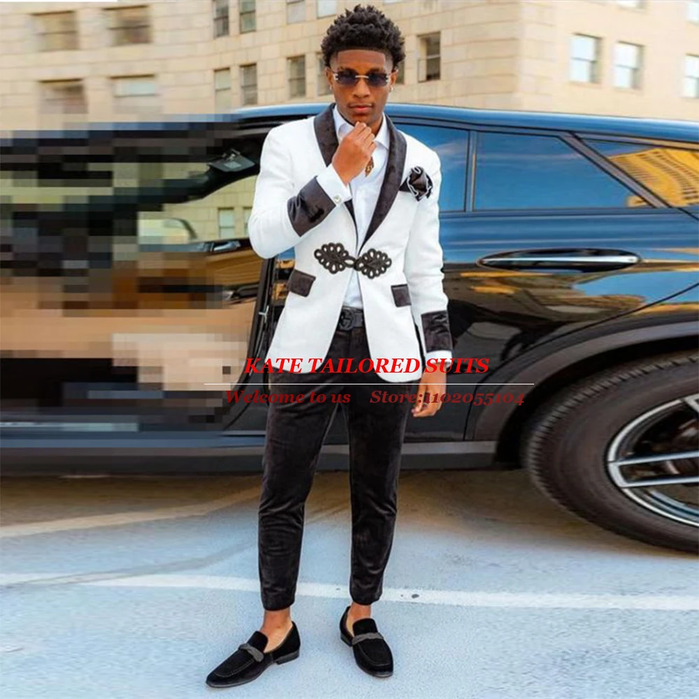 

White Floral Suits Men For Wedding Black Peaked Lapel Boyfriend Blazer Tailore Made 2 Pieces Groom Wear Tuxedo Jacket Pants 2023