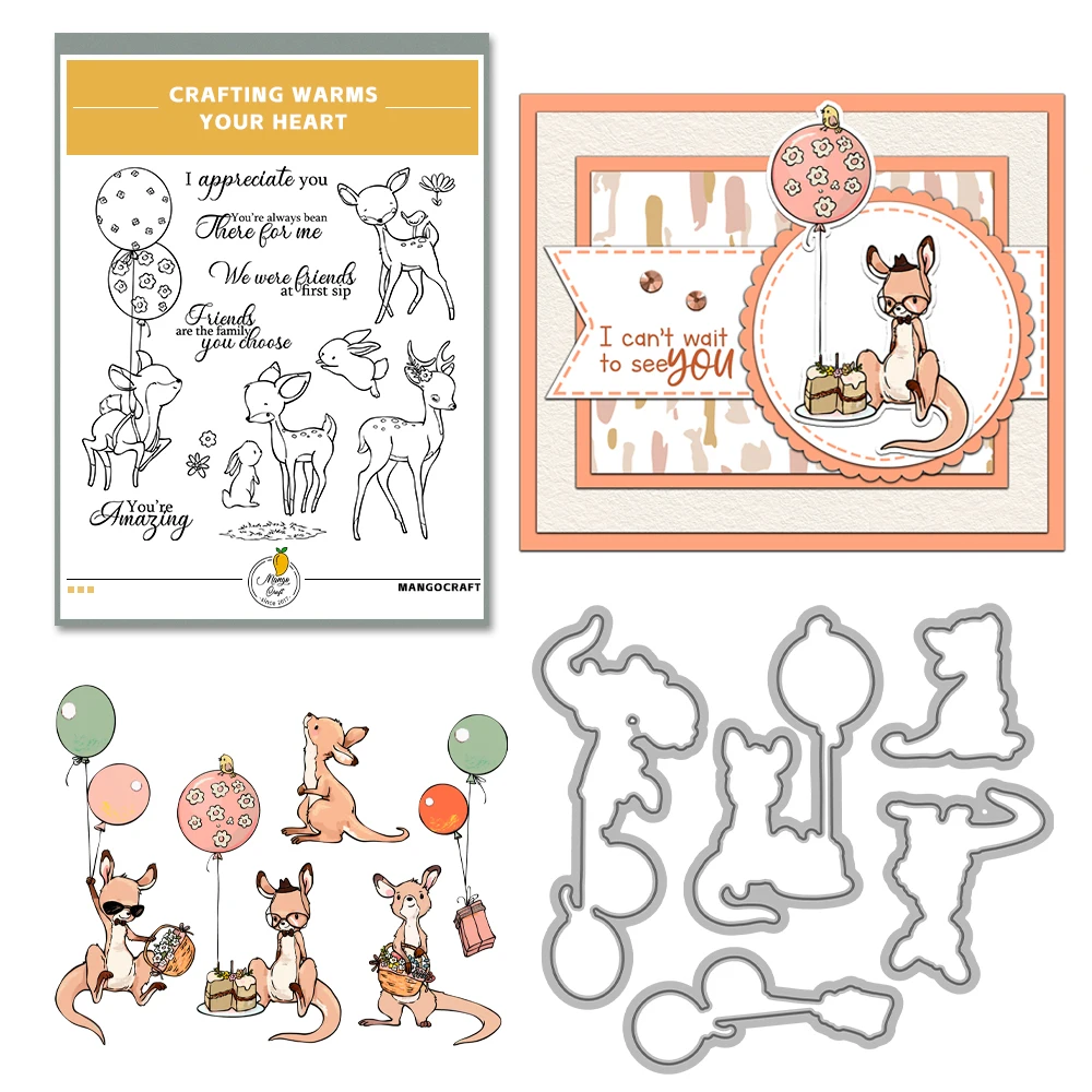 Mangocraft Cute Cartoon Kangaroo Balloons Cutting Dies Clear Stamp DIY Scrapbooking Metal Dies Silicone Stamps For Cards Albums
