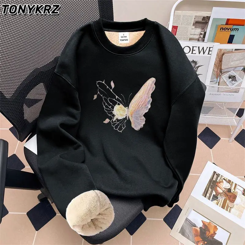 سويت شيرت برقبة دائرية بتصميم كلاسيكي أمريكي مطبوع عليه فراشة للنساء مع صوف خروف وقميص مخملي XQ135 #3