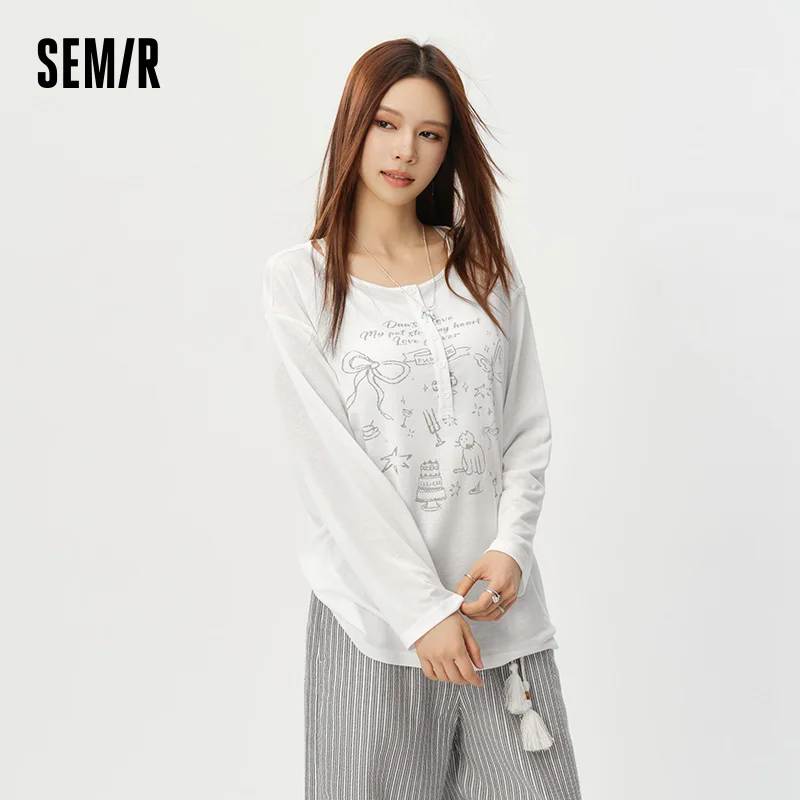 Semir Women Tshirt Print Oversized Mid Long Sleeve Top 2026 Summer Loose Casual image 4