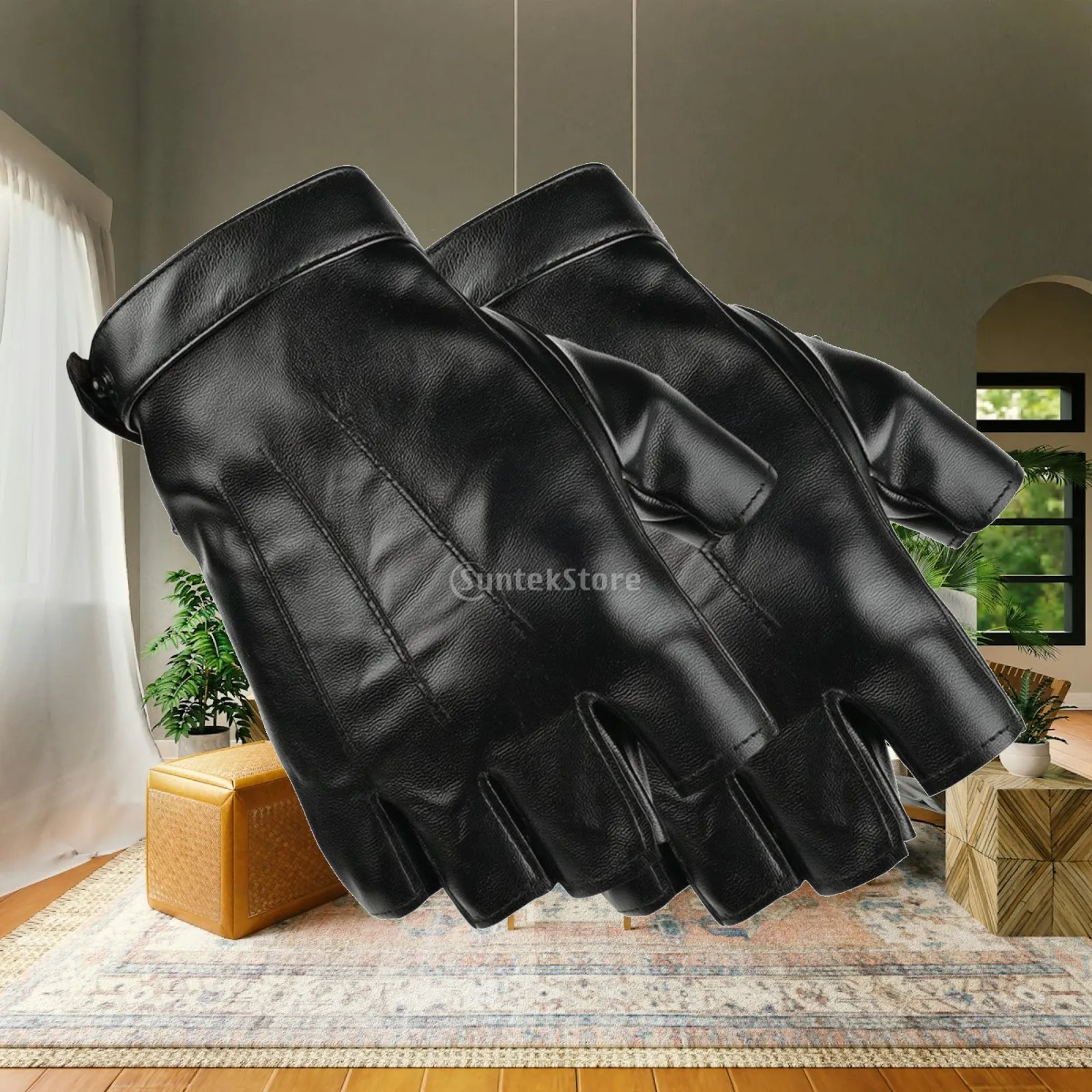 Men Fingerless Gloves PU Leather Cycling Gloves Half Finger Driving Gloves Classic Three Line Stitching for Outdoor Activities