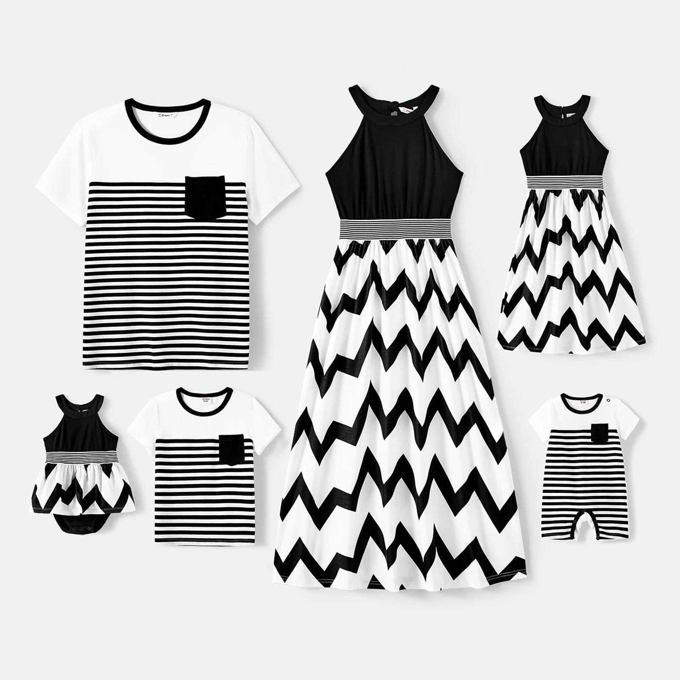 

PP PatPat Family Matching Cotton Short-sleeve T-shirts and Chevron Striped Halter Spliced Naia™ Dresses Sets