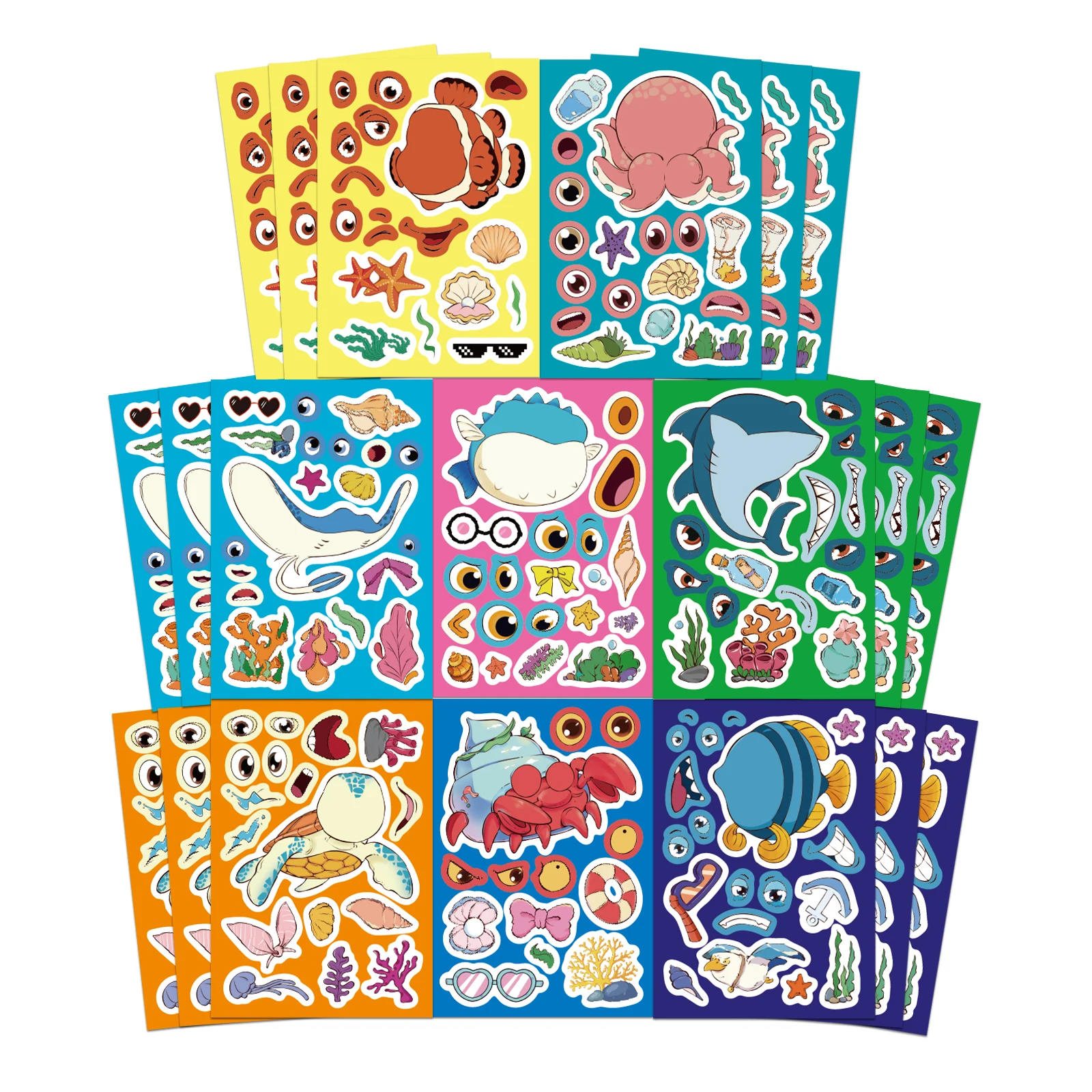 8PCS Cute Fish Face Changing Stickers DIY Account Materials Phone Cases Laptops Suitcases Water Cups Waterproof Sticker