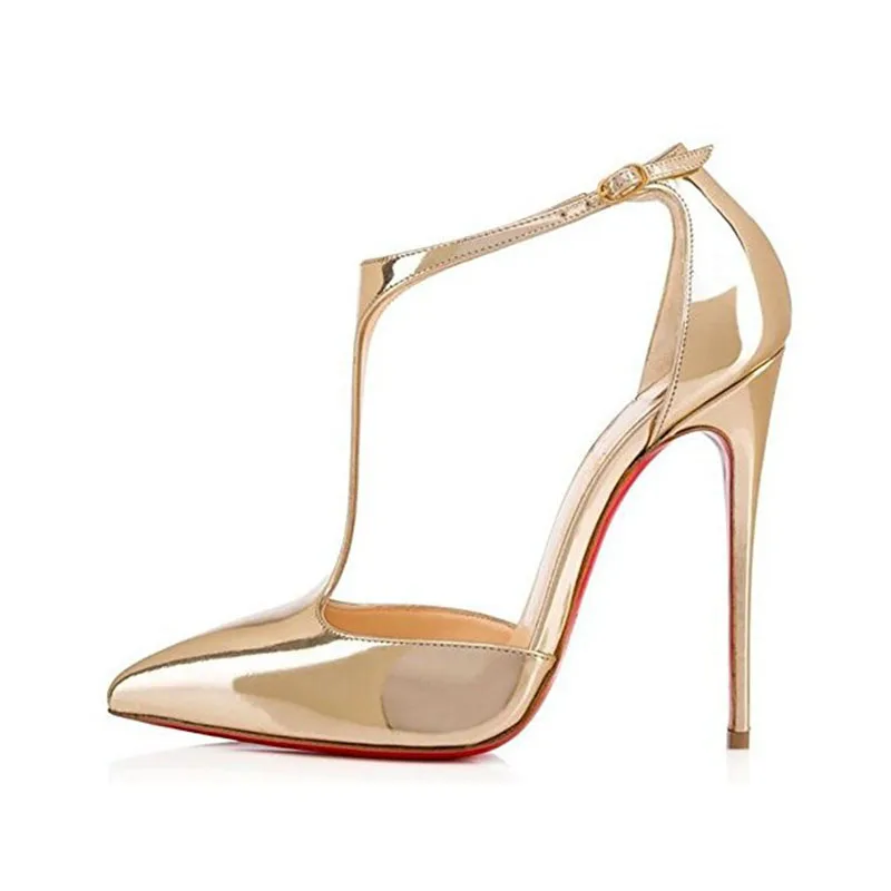 

Arden Furtado Summer Patent Leather Pointed toe Shallow T-belt Sexy Thin heels Super high heel Belt buckle Closed toe sandals