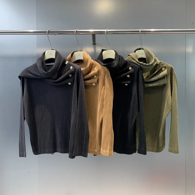 

Miyake плиссированные женские топы, осенне-зимний новый пуловер с шарфом и воротником, нижняя одежда, простая повседневная одежда с эластичным воротником