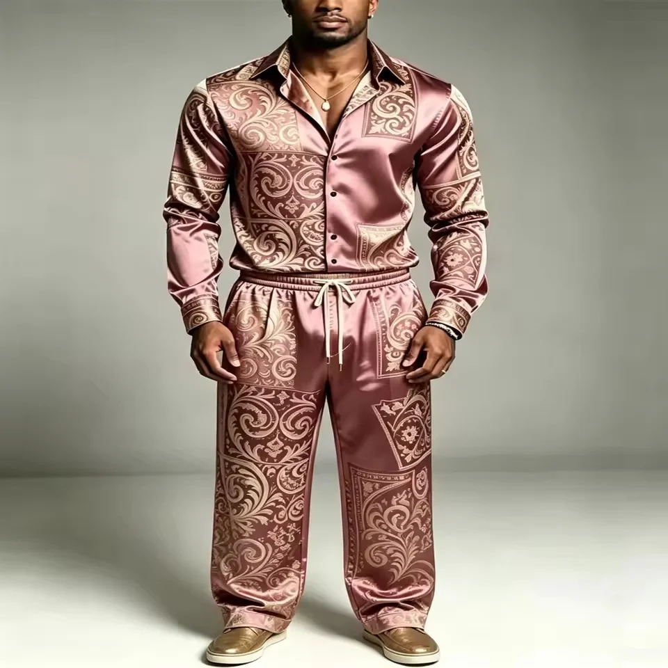 New Men's Two Piece Satin Silk Set Long Sleeve Paisley Printed Shirt and Elastic Waist Pants High end Gold Party Wedding Casual view 6