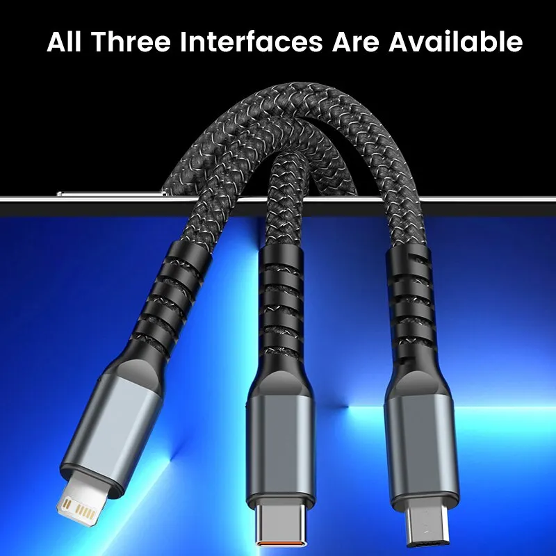 3-in-1 100W 5A Fast Charging USB To Type-C Micro Fast Charger Cable For iPhone 14 13 Samsung Xiaomi Huawei iPhone 14 13