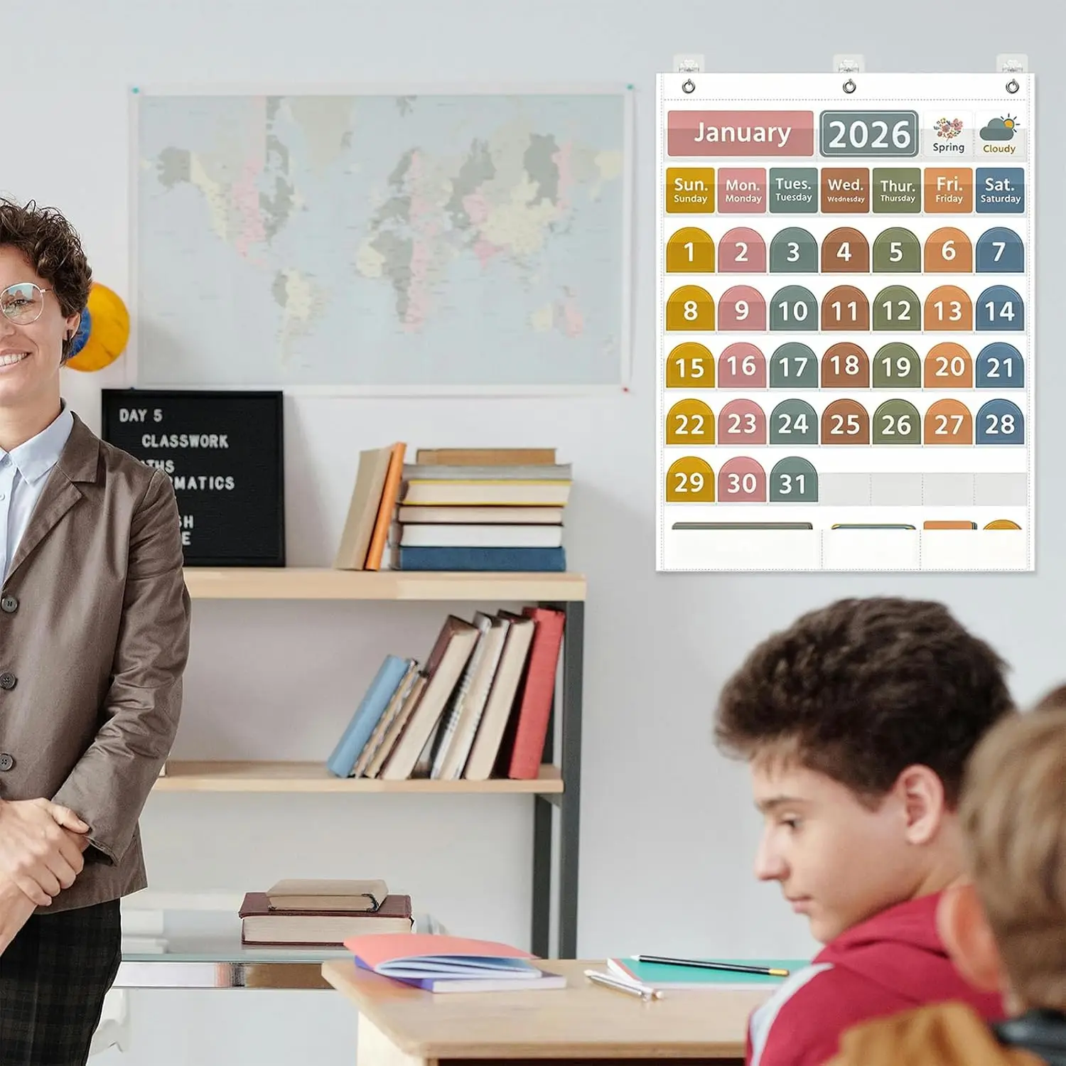 Gráfico de bolsillo grande para calendario de aula con 96 tarjetas Gráfico de bolsillo meteorológico mensual blanco para aprendizaje de niños