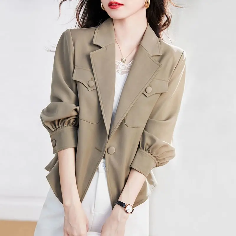 Korean Loose Single Button Coats Women\'s Clothing Casual Tailored Collar Spring Autumn Commute Stylish Pockets Patchwork Jackets