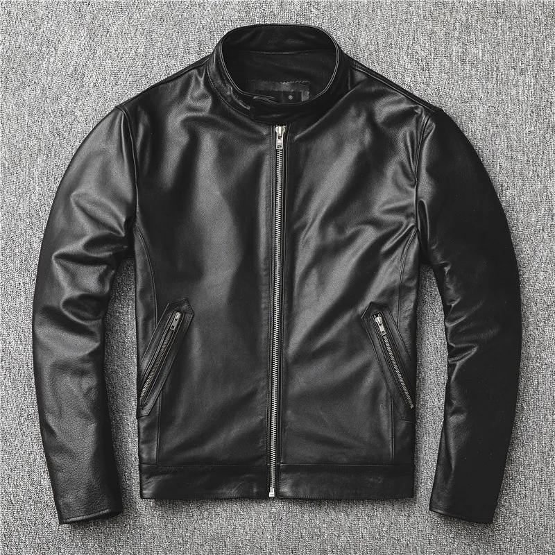 The First Layer Of Cowhide Motorcycle Jacket Leather For Men  Sheepskin Leather Jacket Short Standing Collar Leather Jacket