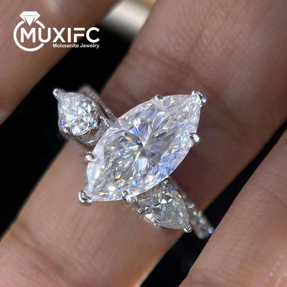 MUXIFC 5 CTTW Full Marquise Cut Moissanite Stacked Rings for Women Sparkling Lab Diamond Wedding Band 925 Silver Fine Jewelry