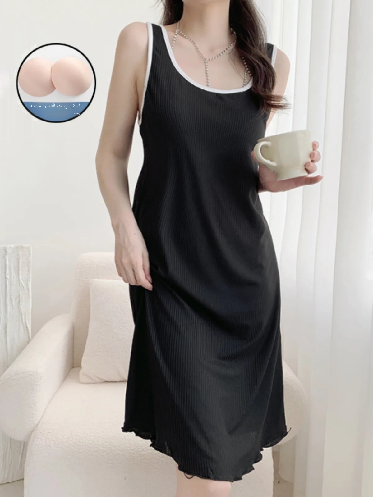 

Sexy Ice Silk Spwear Women's Vest Strap Nightgown with Chest Pad Elastic Comfortable Summer Home Clothes round Ne Design