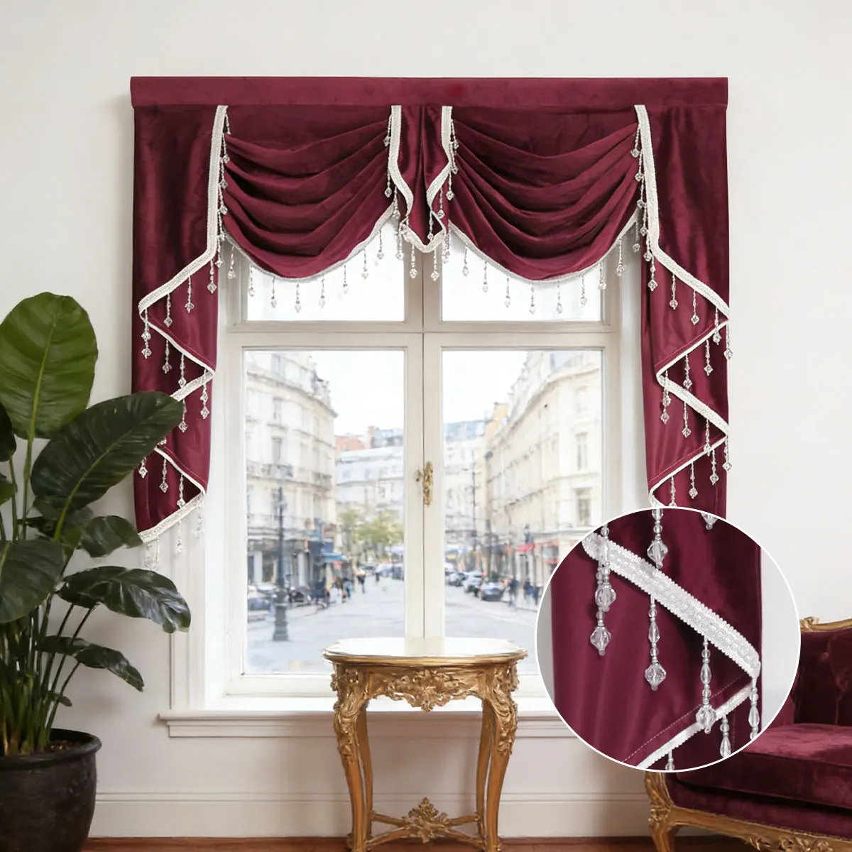 

1Pc Premium Velvet Waterfall Curtain Valance, Swag Design with Crystal Tassels & Lace Trim for Formal Living Room & Bedroom