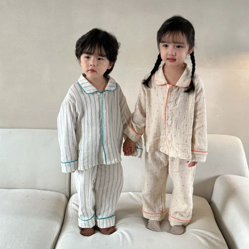 2023 Autumn Kids pajamas set Floral Vertical stripe Yarn cotton long sleeve sleepwear Girls Boys casual Home Wear