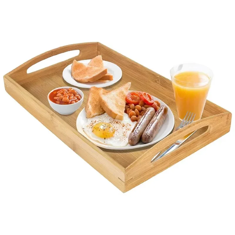 Modern bamboo multi-purpose tray with handle for Ottoman decoration, sustainable and food-grade compliant
