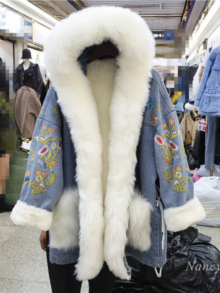 2023 Winter Imitation Rabbit Fur Denim Parka Women's Long Vintage Embroidery Warm Hooded Overcoat Plus Thick Fur Coats Outwear