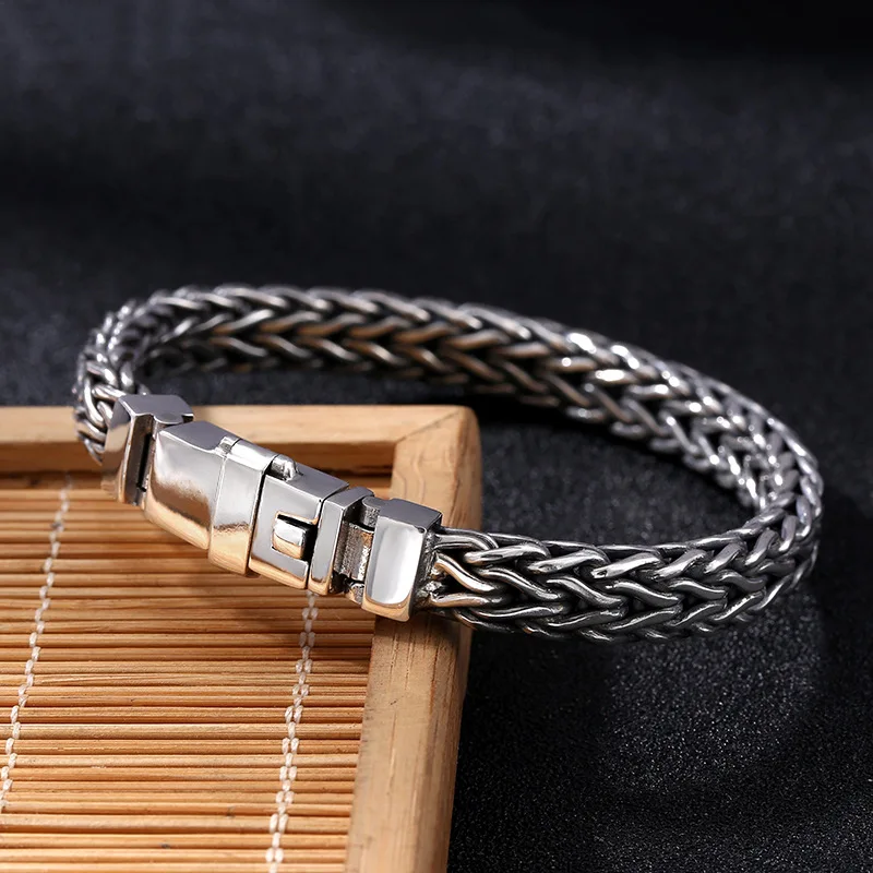 S925 Sterling Silver Men's Personalized Handwoven Bracelet Thai Silver Retro Trendy Safety Pattern Buckle Silver Chain Wholesale