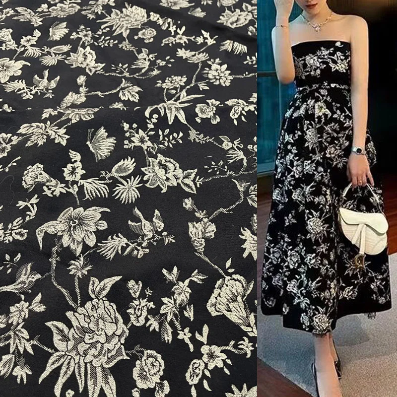 European And American Retro Black Gold Flower Jacquard Fabric For Women Dress Coat Jacket Handmade DIY Cloth Sewing