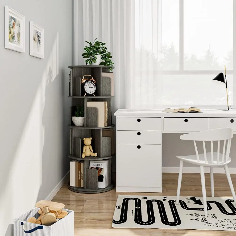 360 ° رف كتب خشبي دوار، تخزين زاوية من 4 طبقات لغرفة الأطفال، الدراسة، غرفة النوم من خشب البلوط الأسود #5