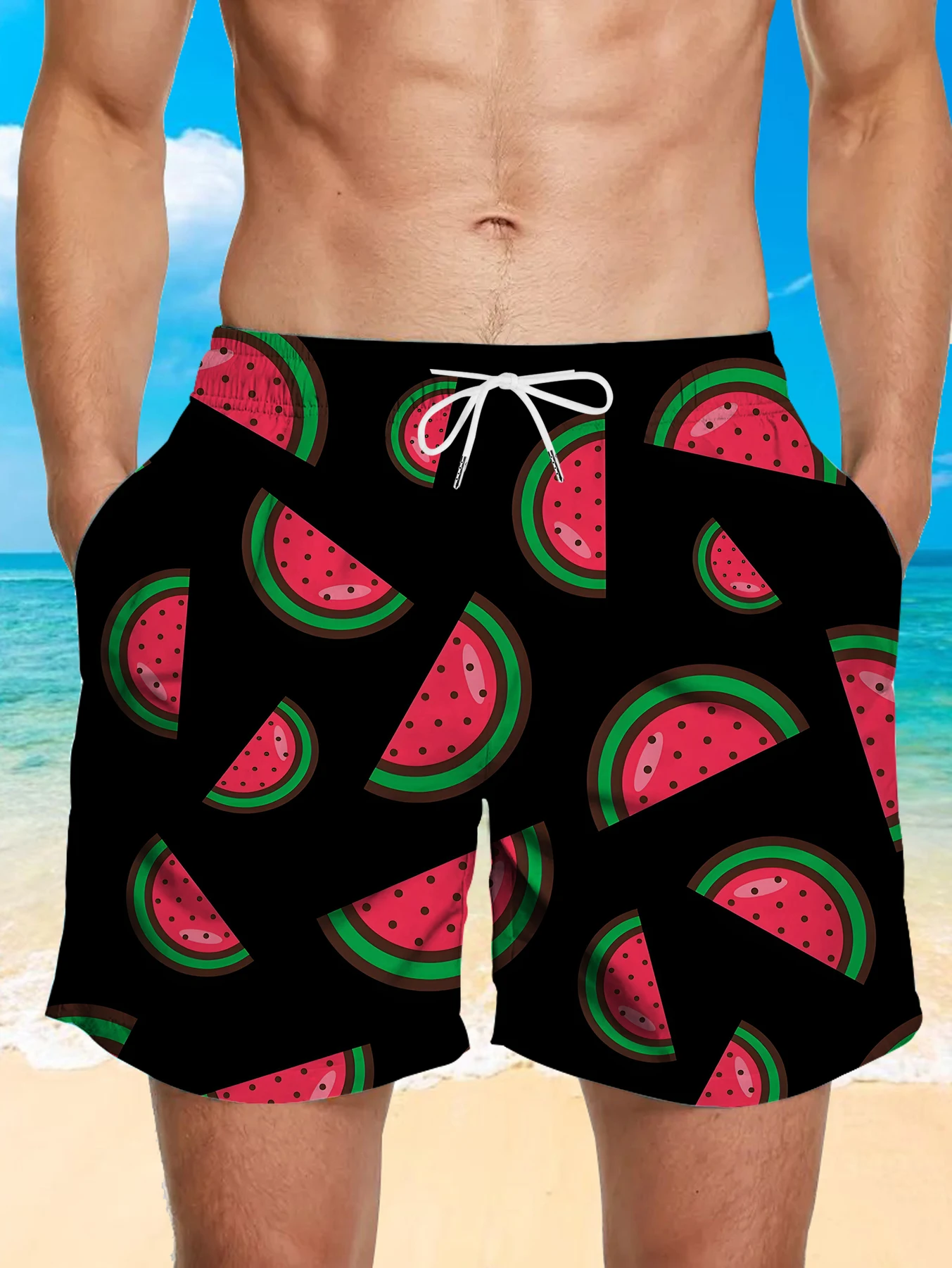 

Elastic Waist Men Beach Shorts Full Digital Print Polyester Quick Dry Swimwear