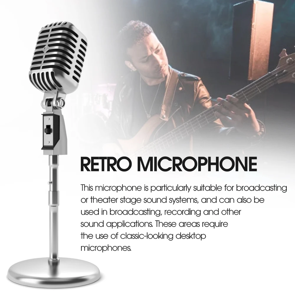 55SH Vintage Style Microphone Simulation Classic Retro Dynamic Vocal Wired Mic Universal Stand for Live Performance Karaoke