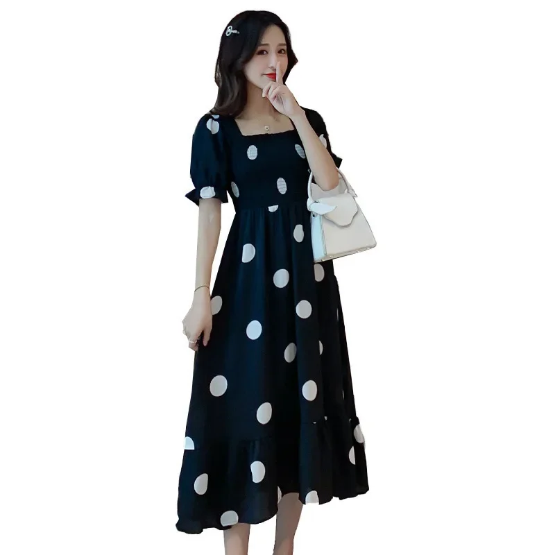 

Korean Fashion Women Loose Dots Vintage Hole Bow Ruffles Dress Summer Short Sleeve Party Elegant Maxi Dresses Y2k Dress