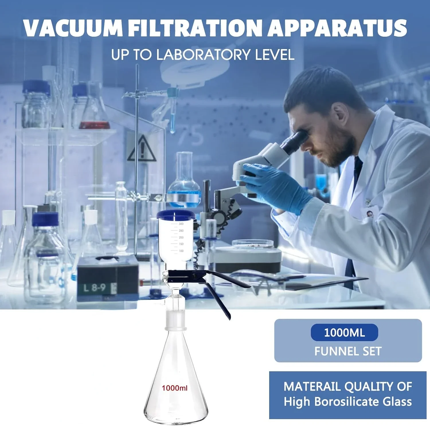 250~2000ml Glass Vacuum Filter, Lab Vacuum Filtration Distillation Device, Equipped with 300ml Graduated Funnel and Vacuum Pump