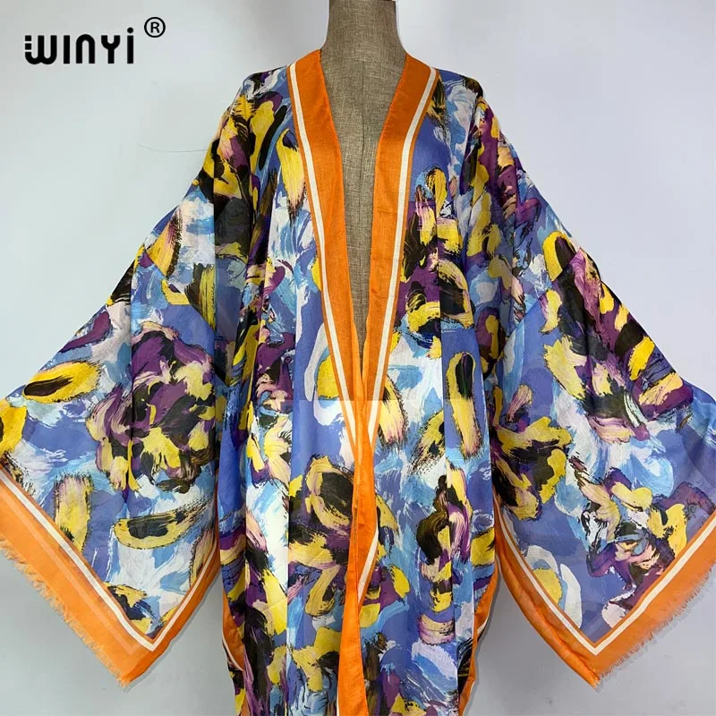 WINYI-kimono con estampado de verano para mujer, caftán de playa elegante, cárdigan sexy, abrigo africano, trajes de playa, Vestido largo de plumón, 2023