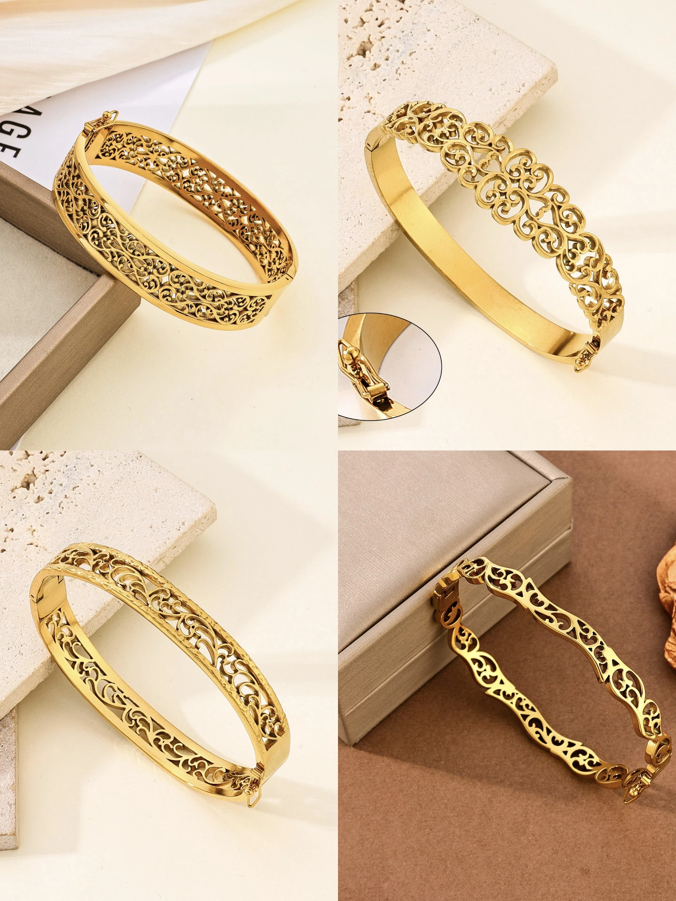 

2pcs Newest Vintage Stainless Steel Hollow Retro Pattern Bangle Courtly Style Engraved Cuff Bracelet Unisex Tarnish-free Jewelry