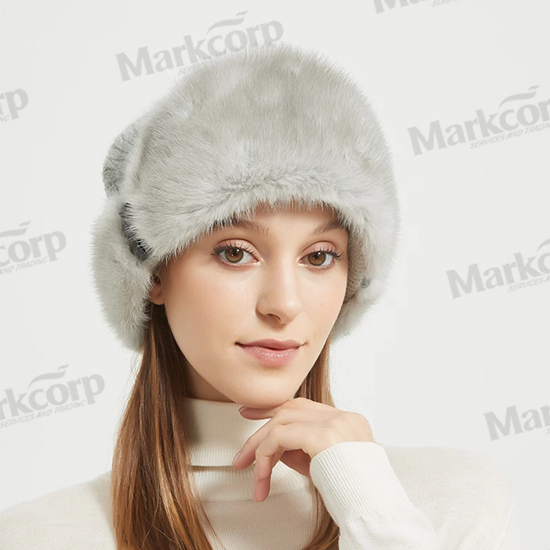 

Шапка Markcorp из меха норки для женщин на зиму, серая вязаная шапка из меха норки на зиму, теплая, утолщенная шапка с защитой ушей