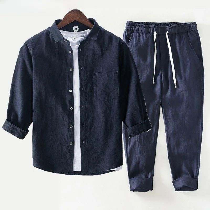 Casual Cotton Linen Men's Shirt And Pants Set Short Sleeve Spring Summer Autumn Two Piece Set Breathable Lightweight Menswear