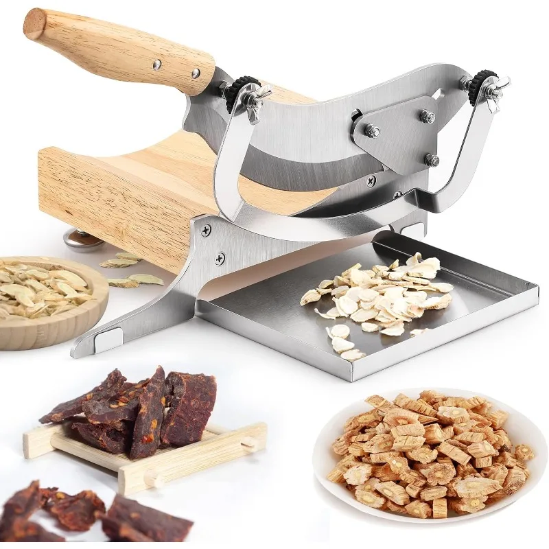 

Biltong Slicer Chinese Medicine Radiused Beef Jerky Cutter, 0-0.5” Adjustable Thickness, Wooden Base Herb Root Cutti