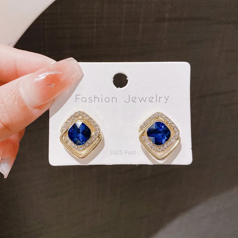 Korean Fashion Temperament Hollow-out Geometric Blue Crystal Earring New Personality Earstud Jewelry Accessories