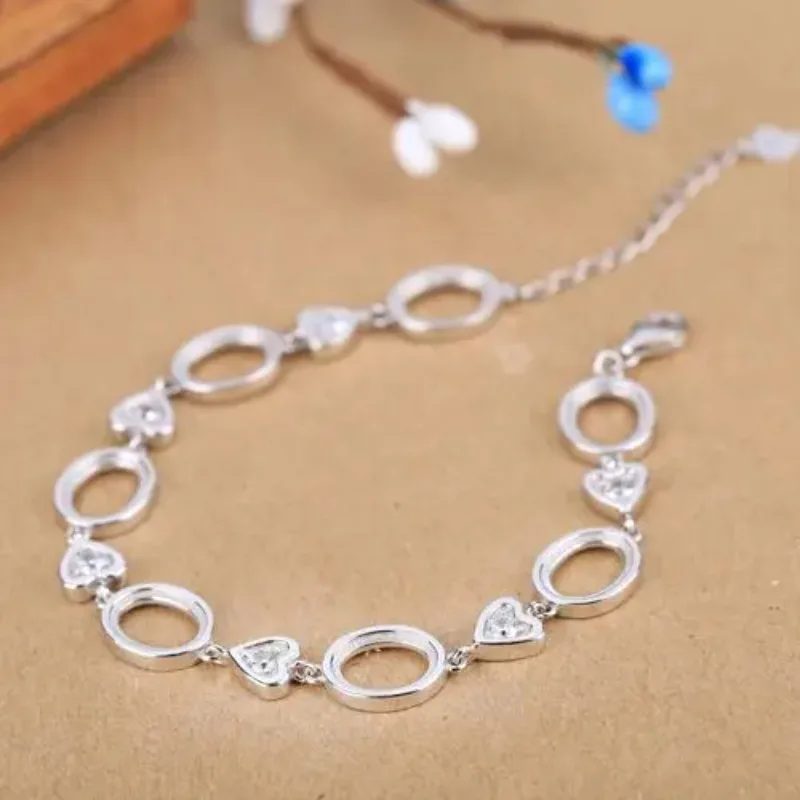 

925 Sterling Silver Women Bracelet Semi Mount Bracelet Chain for 8x10mm Oval Cabochon Fine Jewelry Crystal Heart Setting