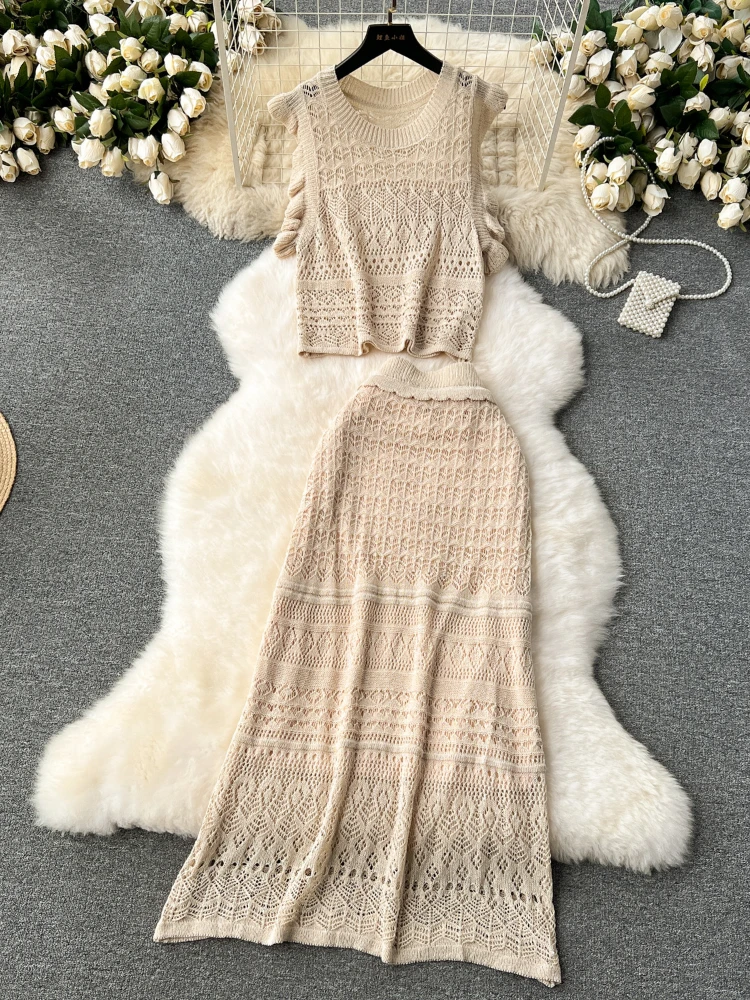 

Korean Chic Two Piece Set Women Sweet Flying Sleeves Knitted Top Retro Hook Flower Hollow Wrap Skirt Casual Suits