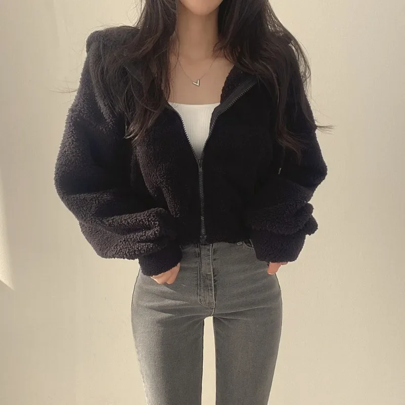 Women's Thickened Warm Fleece Hoodie Sudaderas New Zipper Drawstring Short Coat Lamb Velvet Jacket Autumn Winter Y2k Streetwear