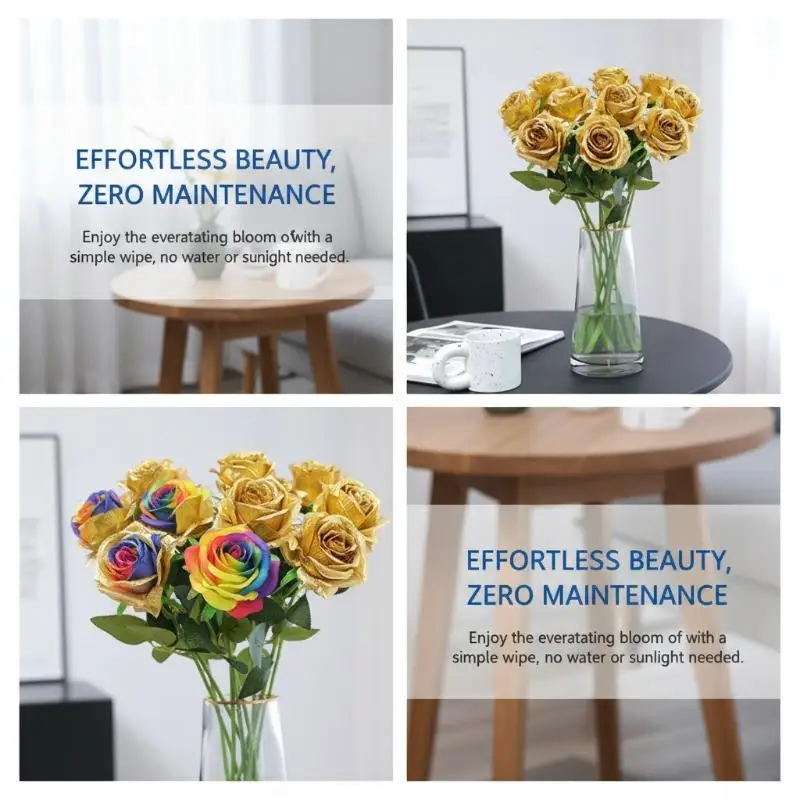 3PCS Realistic Touch Colorful Artificial Non-Fading Plastic Fake Flowers Roses Flowers Rainbow Lifelike Silk Roses Flowers