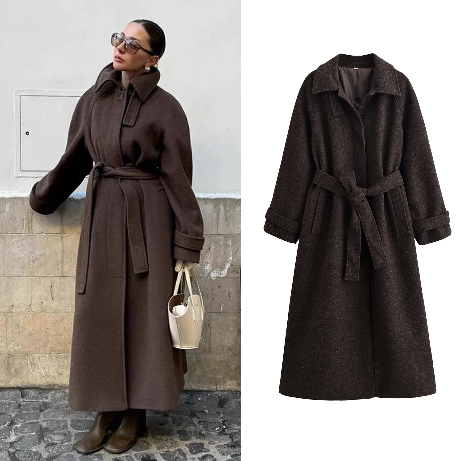 

Women's Autumn Winter New Woolen Coat Female Long-Sleeve With Belt Solid High Street Loose-Fit Long Elegant Jacket Overcoat