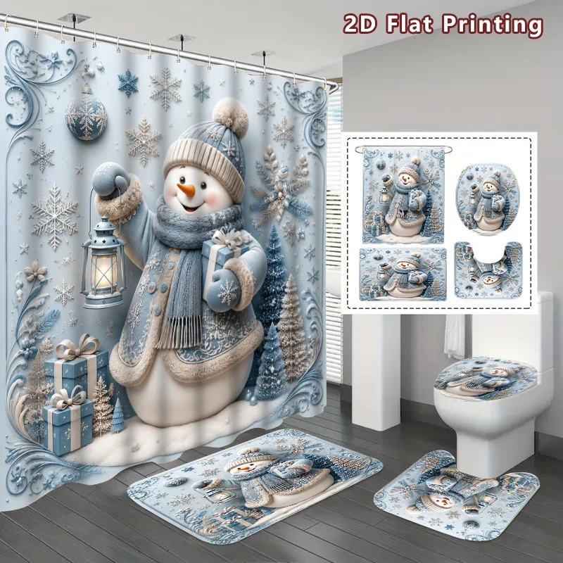 4pc 2D Flat Christmas Shower Curtain Set, Blue Cream Snowman & Snowflake Print, Non-slip Mats & Toilet Cover